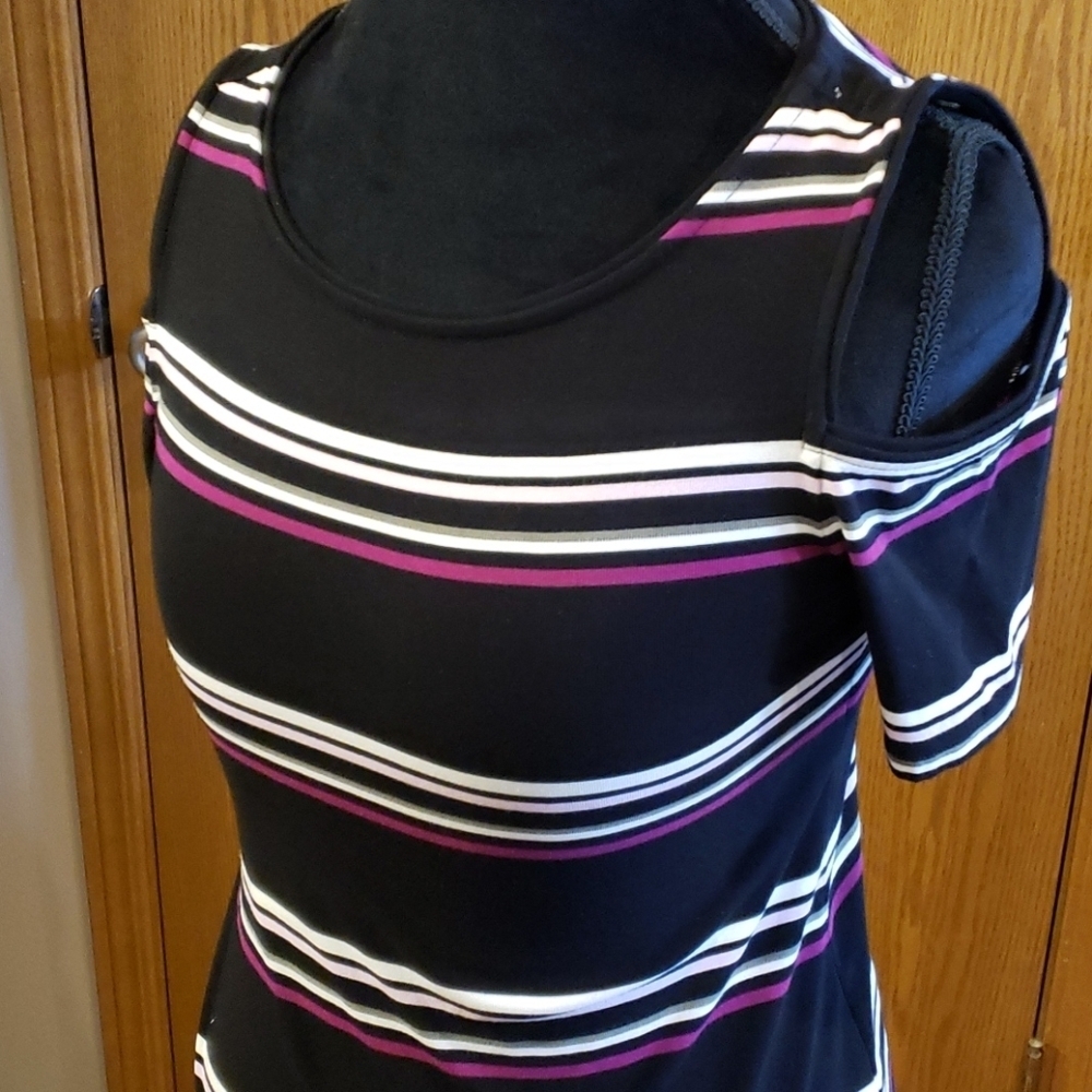 WHBM purple striped black cold shoulder dress
